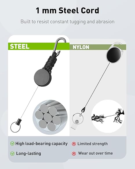 Keychain 60cm Retractable Key Reel Heavy Duty Steel Wire Carabiner Paracord Braided Anti Lost Key chain for Outdoor Camping Hiking Fishing Badge Holder Key Ring ID Card Keys