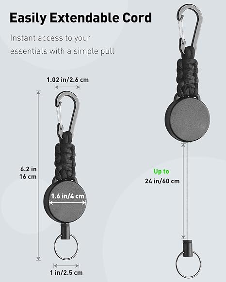 Keychain 60cm Retractable Key Reel Heavy Duty Steel Wire Carabiner Paracord Braided Anti Lost Key chain for Outdoor Camping Hiking Fishing Badge Holder Key Ring ID Card Keys