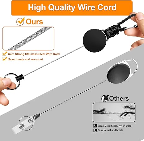 Keychain 60cm Retractable Key Reel Heavy Duty Steel Wire Carabiner Paracord Braided Anti Lost Key chain for Outdoor Camping Hiking Fishing Badge Holder Key Ring ID Card Keys