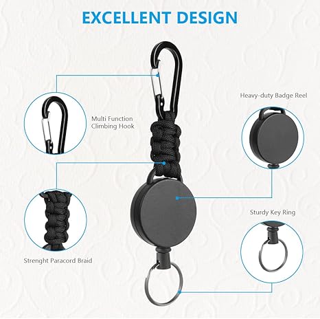 Keychain 60cm Retractable Key Reel Heavy Duty Steel Wire Carabiner Paracord Braided Anti Lost Key chain for Outdoor Camping Hiking Fishing Badge Holder Key Ring ID Card Keys