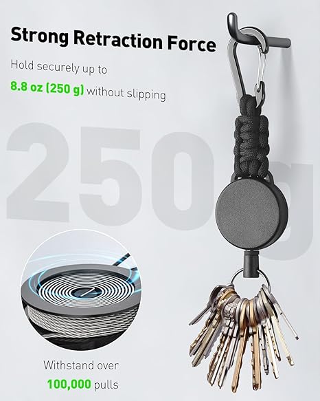 Keychain 60cm Retractable Key Reel Heavy Duty Steel Wire Carabiner Paracord Braided Anti Lost Key chain for Outdoor Camping Hiking Fishing Badge Holder Key Ring ID Card Keys