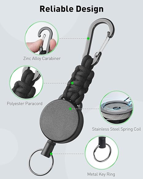 Keychain 60cm Retractable Key Reel Heavy Duty Steel Wire Carabiner Paracord Braided Anti Lost Key chain for Outdoor Camping Hiking Fishing Badge Holder Key Ring ID Card Keys