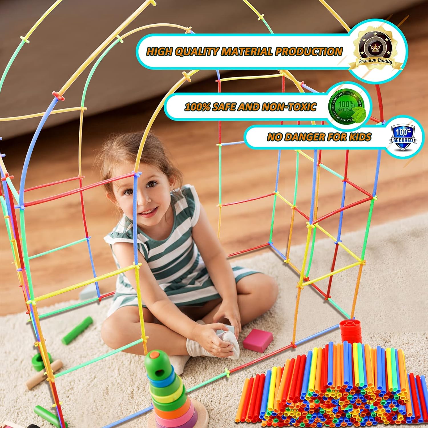200Pcs Kids Children Toy Building Blocks, Colorful Plastic Straw Constructor STEM Educational Toy, DIY Engineering Construction Set, Toddler Brain Learning Game, Boys Girls Birthday Holiday Gift