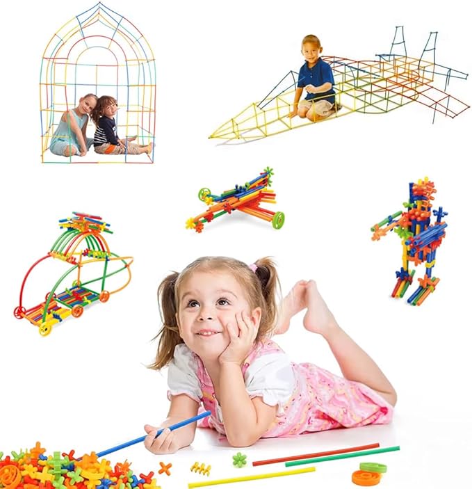 200Pcs Kids Children Toy Building Blocks, Colorful Plastic Straw Constructor STEM Educational Toy, DIY Engineering Construction Set, Toddler Brain Learning Game, Boys Girls Birthday Holiday Gift