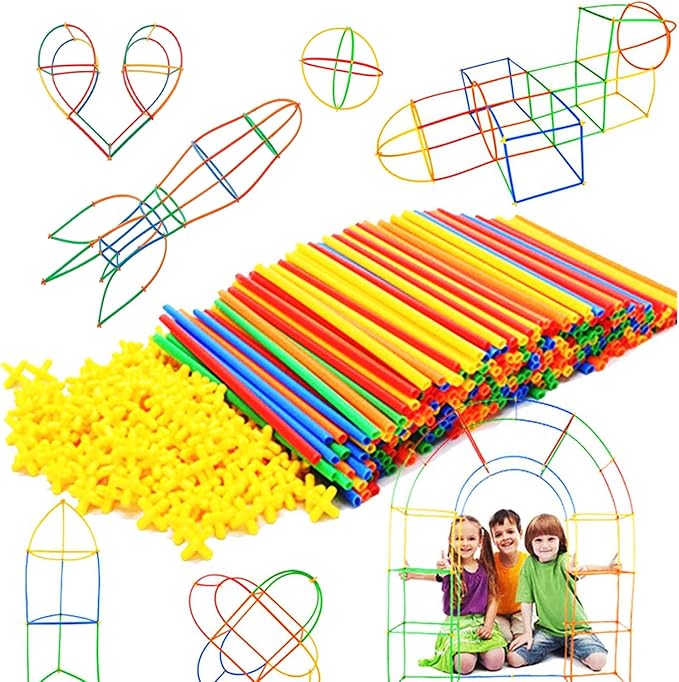 200Pcs Kids Children Toy Building Blocks, Colorful Plastic Straw Constructor STEM Educational Toy, DIY Engineering Construction Set, Toddler Brain Learning Game, Boys Girls Birthday Holiday Gift