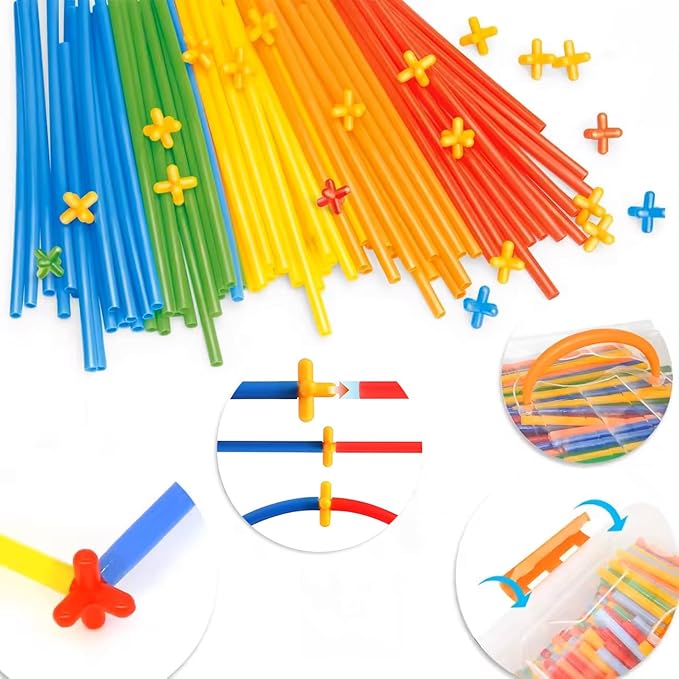200Pcs Kids Children Toy Building Blocks, Colorful Plastic Straw Constructor STEM Educational Toy, DIY Engineering Construction Set, Toddler Brain Learning Game, Boys Girls Birthday Holiday Gift