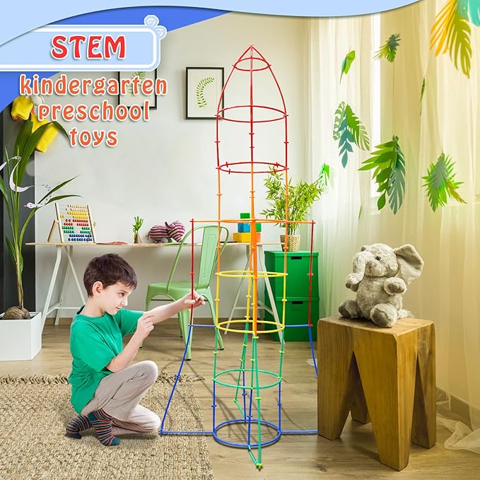 200Pcs Kids Children Toy Building Blocks, Colorful Plastic Straw Constructor STEM Educational Toy, DIY Engineering Construction Set, Toddler Brain Learning Game, Boys Girls Birthday Holiday Gift