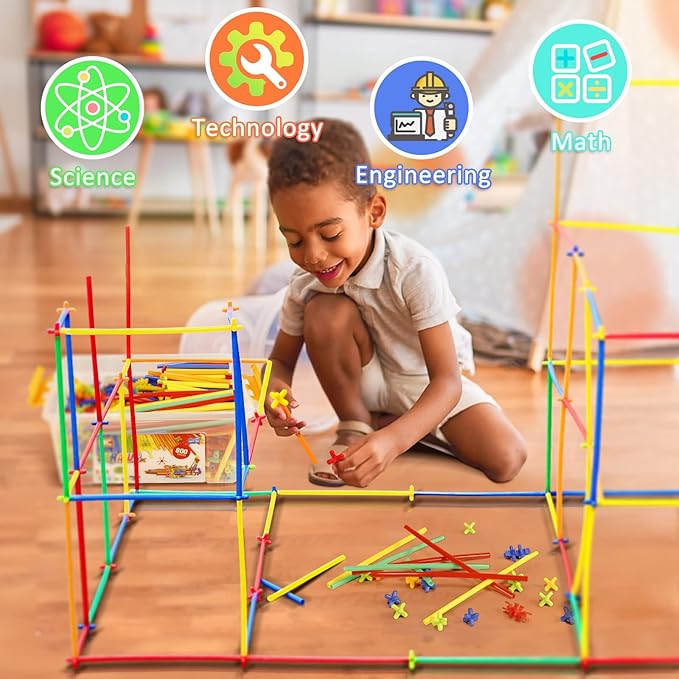 200Pcs Kids Children Toy Building Blocks, Colorful Plastic Straw Constructor STEM Educational Toy, DIY Engineering Construction Set, Toddler Brain Learning Game, Boys Girls Birthday Holiday Gift