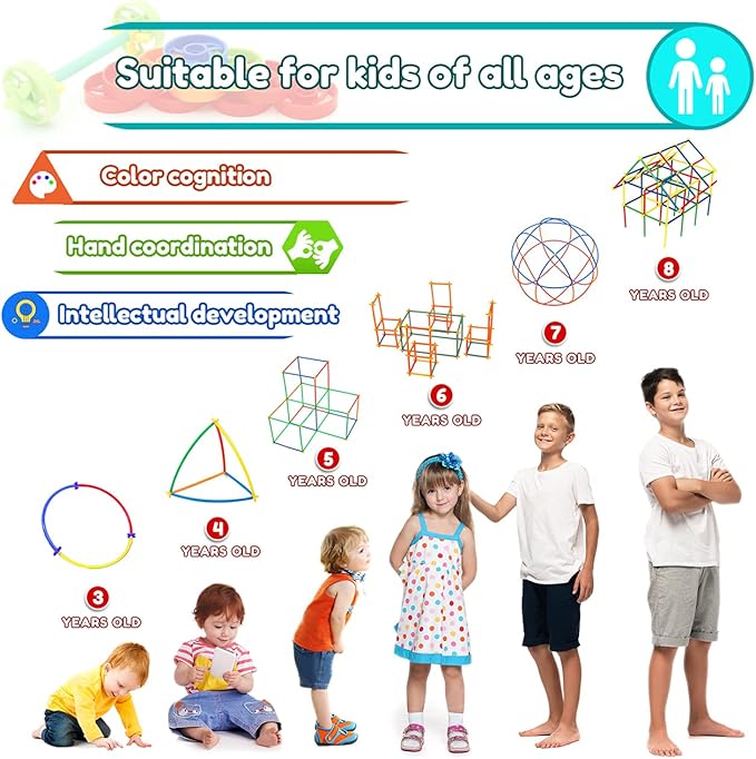 200Pcs Kids Children Toy Building Blocks, Colorful Plastic Straw Constructor STEM Educational Toy, DIY Engineering Construction Set, Toddler Brain Learning Game, Boys Girls Birthday Holiday Gift