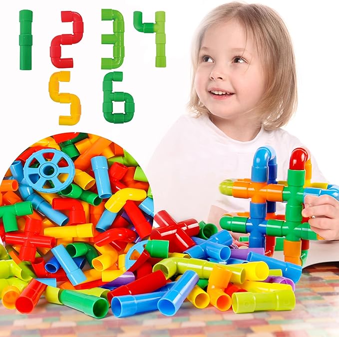 150Pcs Kids Children Toy Building Blocks, STEM Colorful Tube Pipe Construction Blocks, Educational Brain Building Toy Kit for Toddlers Preschool, Construction Blocks Toy for 3-8 Years Old Boys Girls