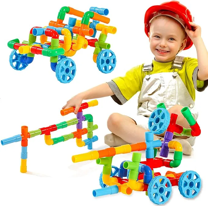 150Pcs Kids Children Toy Building Blocks, STEM Colorful Tube Pipe Construction Blocks, Educational Brain Building Toy Kit for Toddlers Preschool, Construction Blocks Toy for 3-8 Years Old Boys Girls