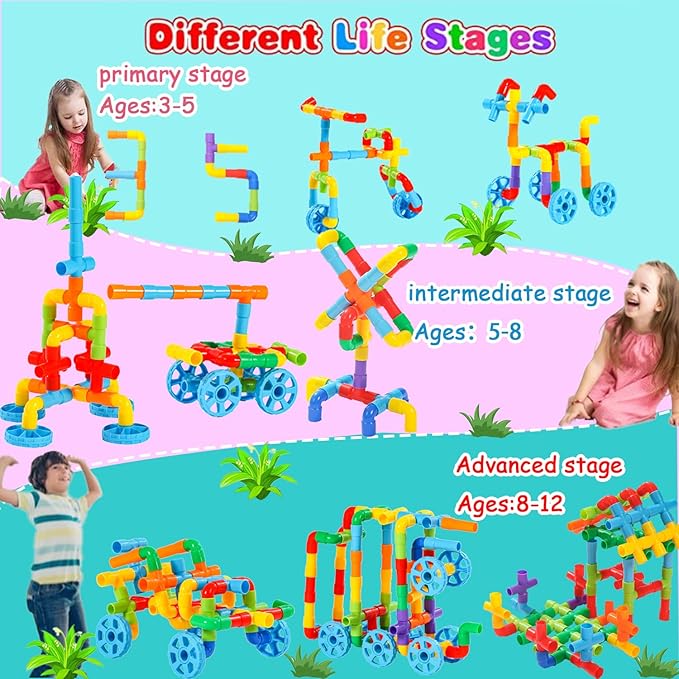 150Pcs Kids Children Toy Building Blocks, STEM Colorful Tube Pipe Construction Blocks, Educational Brain Building Toy Kit for Toddlers Preschool, Construction Blocks Toy for 3-8 Years Old Boys Girls