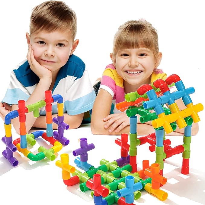150Pcs Kids Children Toy Building Blocks, STEM Colorful Tube Pipe Construction Blocks, Educational Brain Building Toy Kit for Toddlers Preschool, Construction Blocks Toy for 3-8 Years Old Boys Girls