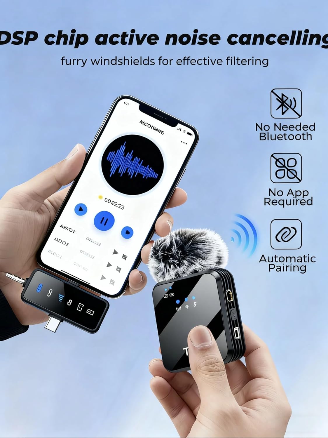 3 in 1 Wireless  Microphone, Noise Cancellation Wireless Mic for Youtubers, Video Recording, Facebook, Compatible with Type-C Android/iPhone/Cameras/Laptop，Wireless Lavalier Microphone