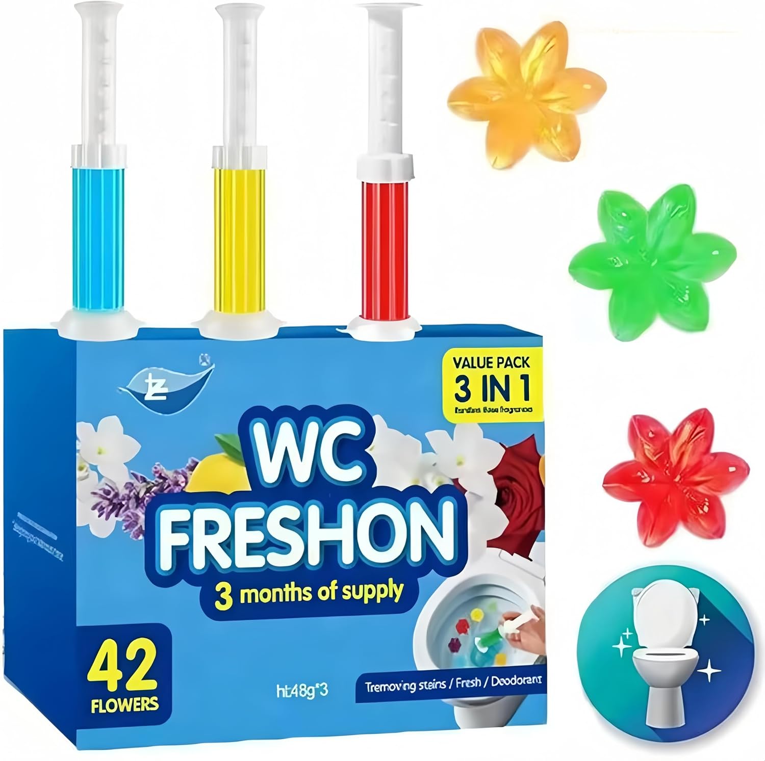Toilet Bowl Gel Stamps 42Pcs Flower Shaped Toilet Freshener Gel  Long Lasting Bathroom Odor Control Cleaner  3 Mixed Fragrance  Toilet Deodorant Stamp, 3-Month Supply for Home Bathroom