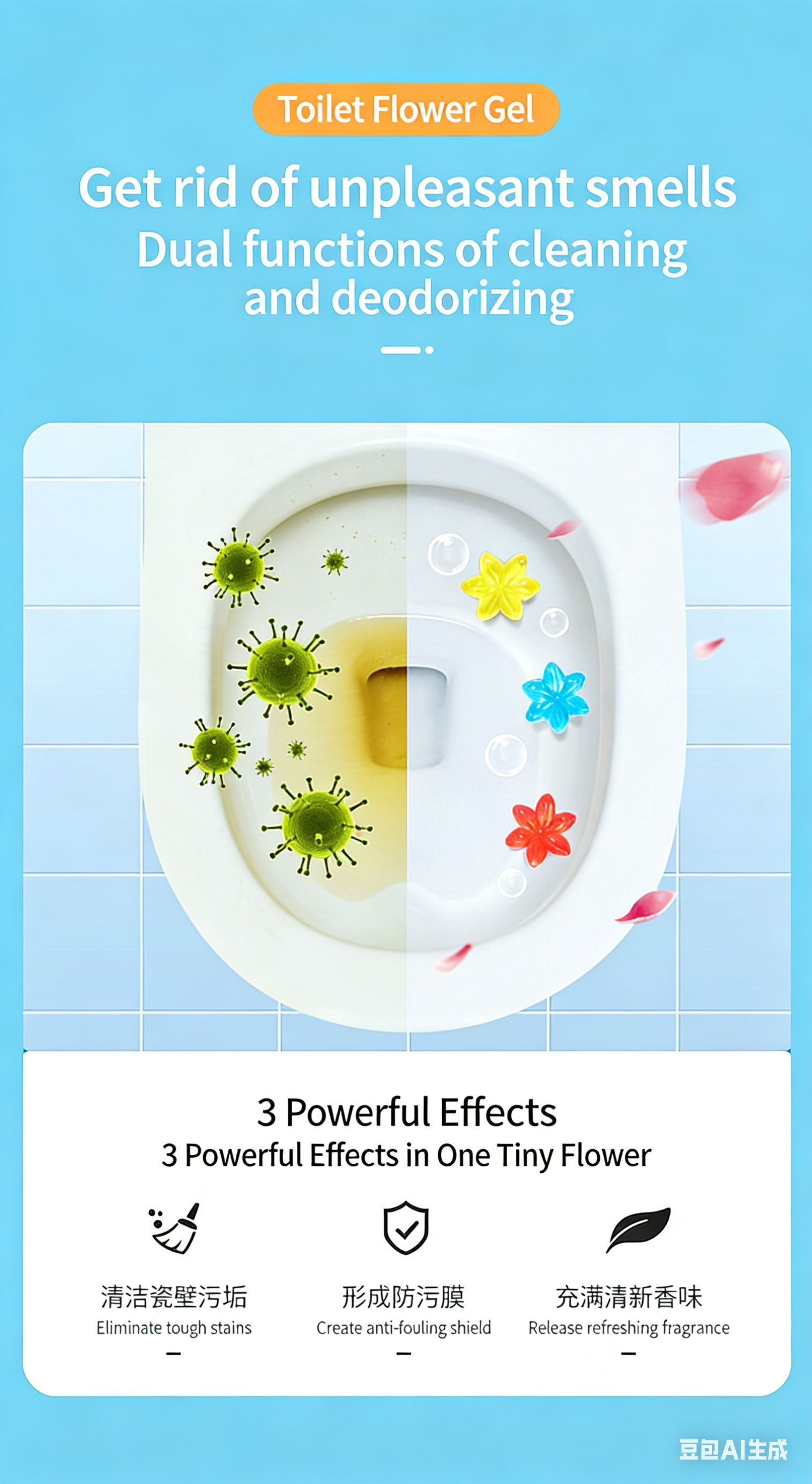 Toilet Bowl Gel Stamps 42Pcs Flower Shaped Toilet Freshener Gel  Long Lasting Bathroom Odor Control Cleaner  3 Mixed Fragrance  Toilet Deodorant Stamp, 3-Month Supply for Home Bathroom