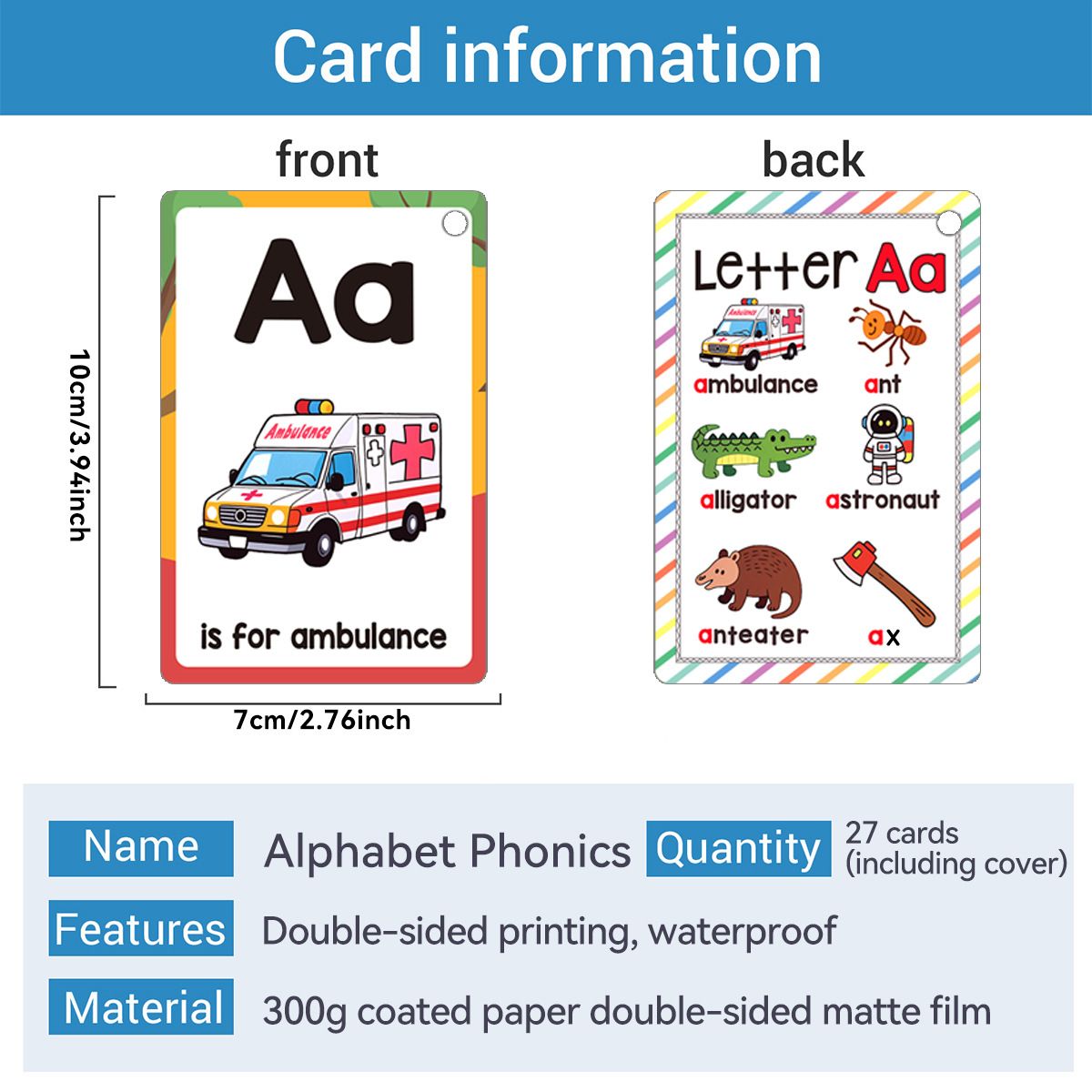26 Letters Alphabet Phonics Flashcards, Early Enlightenment Cognitive Flash Book for Kids 0-6, Colorful Cartoon Letter Sound Cards, Early Literacy Educational Gift for Toddlers Preschoolers