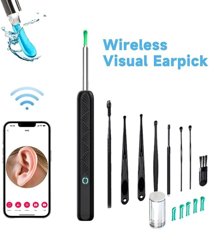 Ear Spoon Ear Scoop, 8+1pcs Visual Ear Scoop Cordless Cleaning Endoscope HD Ear Pickers Rechargeable Wireless Smart Visual Ear Cleaner Wax Removal Device with Camera 1296P Ear Sticks WIFI Connection
