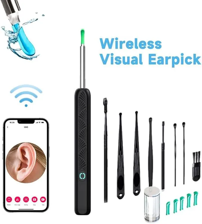 Ear Spoon Ear Scoop, 8+1pcs Visual Ear Scoop Cordless Cleaning Endoscope HD Ear Pickers Rechargeable Wireless Smart Visual Ear Cleaner Wax Removal Device with Camera 1296P Ear Sticks WIFI Connection