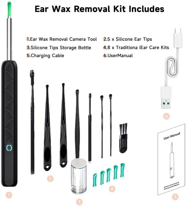 Ear Spoon Ear Scoop, 8+1pcs Visual Ear Scoop Cordless Cleaning Endoscope HD Ear Pickers Rechargeable Wireless Smart Visual Ear Cleaner Wax Removal Device with Camera 1296P Ear Sticks WIFI Connection