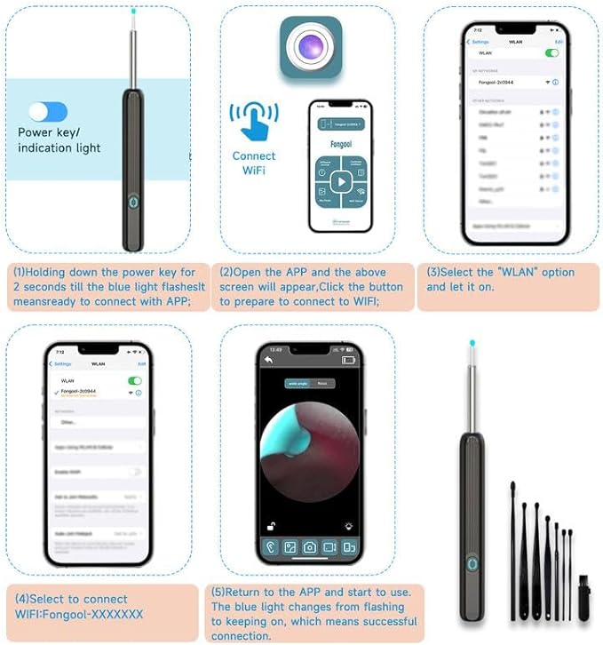 Ear Spoon Ear Scoop, 8+1pcs Visual Ear Scoop Cordless Cleaning Endoscope HD Ear Pickers Rechargeable Wireless Smart Visual Ear Cleaner Wax Removal Device with Camera 1296P Ear Sticks WIFI Connection