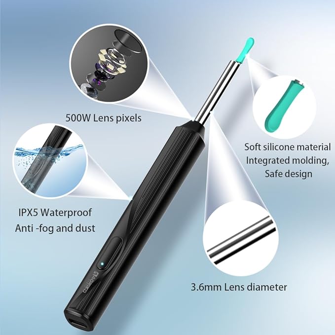 Ear Spoon Ear Scoop, 8+1pcs Visual Ear Scoop Cordless Cleaning Endoscope HD Ear Pickers Rechargeable Wireless Smart Visual Ear Cleaner Wax Removal Device with Camera 1296P Ear Sticks WIFI Connection