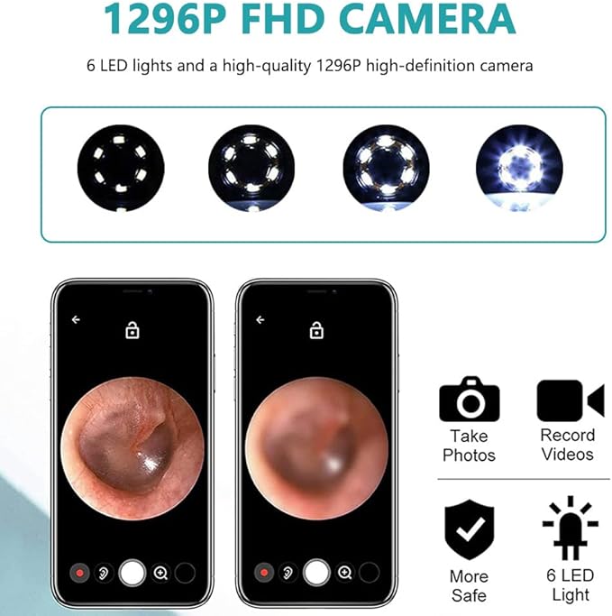 Ear Spoon Ear Scoop, 8+1pcs Visual Ear Scoop Cordless Cleaning Endoscope HD Ear Pickers Rechargeable Wireless Smart Visual Ear Cleaner Wax Removal Device with Camera 1296P Ear Sticks WIFI Connection