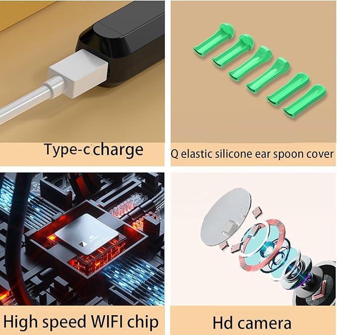 Ear Spoon Ear Scoop, 8+1pcs Visual Ear Scoop Cordless Cleaning Endoscope HD Ear Pickers Rechargeable Wireless Smart Visual Ear Cleaner Wax Removal Device with Camera 1296P Ear Sticks WIFI Connection