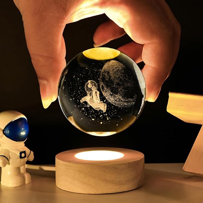 Luminous Crystal Ball LED Night Light Astronaut 3D Moon Table Lamp USB Bedroom Atmosphere Lamp, Home Decor Desktop Ornament, Kids Toy for Birthday Kid Gift