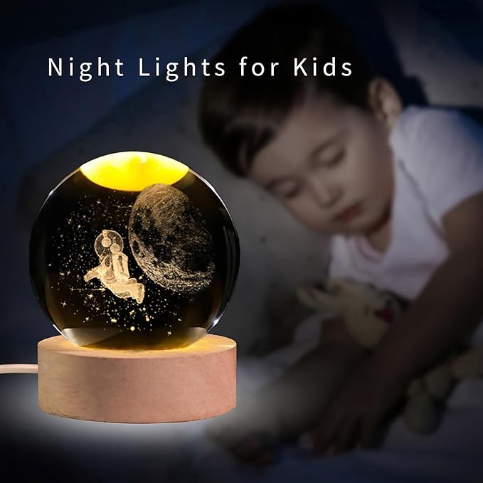 Luminous Crystal Ball LED Night Light Astronaut 3D Moon Table Lamp USB Bedroom Atmosphere Lamp, Home Decor Desktop Ornament, Kids Toy for Birthday Kid Gift