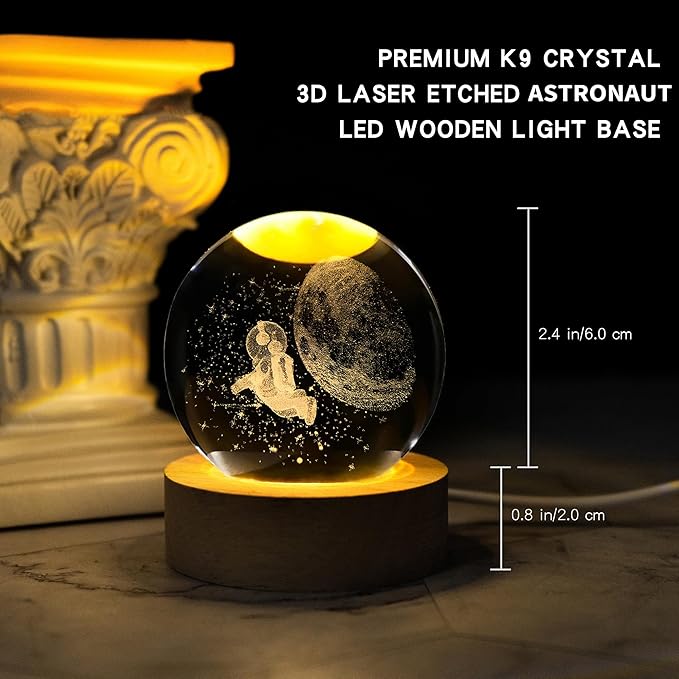 Luminous Crystal Ball LED Night Light Astronaut 3D Moon Table Lamp USB Bedroom Atmosphere Lamp, Home Decor Desktop Ornament, Kids Toy for Birthday Kid Gift