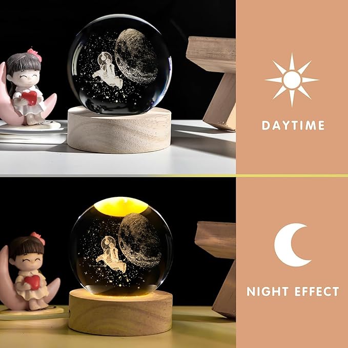 Luminous Crystal Ball LED Night Light Astronaut 3D Moon Table Lamp USB Bedroom Atmosphere Lamp, Home Decor Desktop Ornament, Kids Toy for Birthday Kid Gift