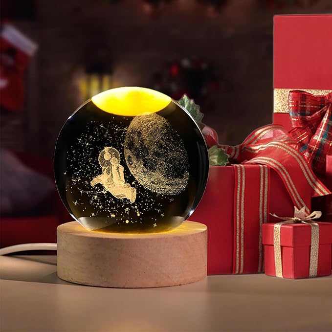 Luminous Crystal Ball LED Night Light Astronaut 3D Moon Table Lamp USB Bedroom Atmosphere Lamp, Home Decor Desktop Ornament, Kids Toy for Birthday Kid Gift