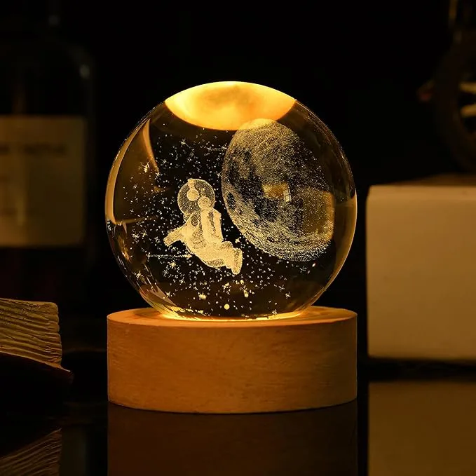 Luminous Crystal Ball LED Night Light Astronaut 3D Moon Table Lamp USB Bedroom Atmosphere Lamp, Home Decor Desktop Ornament, Kids Toy for Birthday Kid Gift