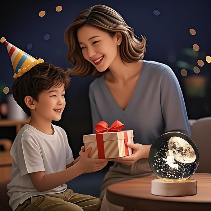 Luminous Crystal Ball LED Night Light Astronaut 3D Moon Table Lamp USB Bedroom Atmosphere Lamp, Home Decor Desktop Ornament, Kids Toy for Birthday Kid Gift
