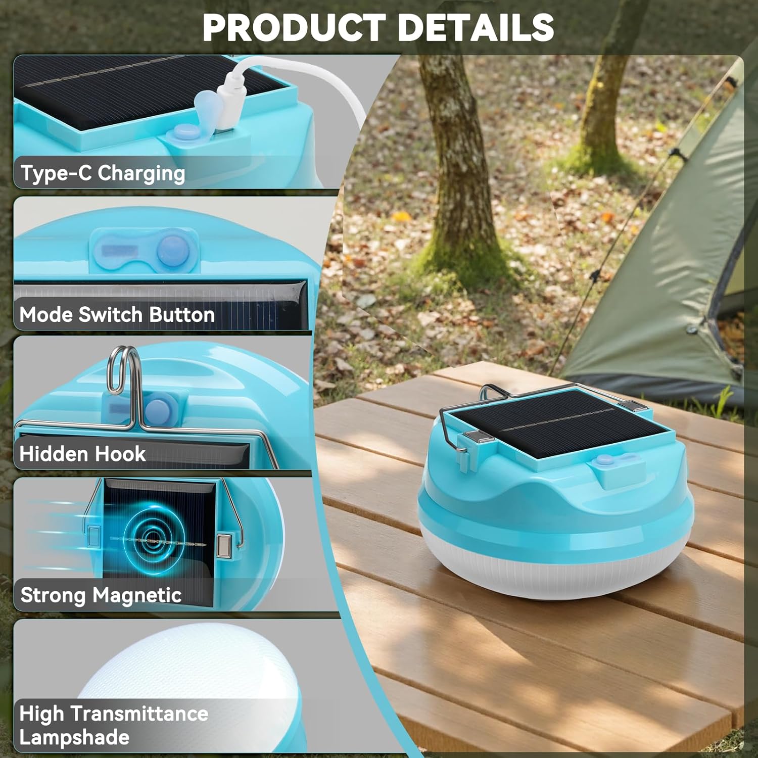 Solar Camping Light, 4800mAh Emergency Camping Light, Portable Indoor/Outdoor Waterproof Super Bright Housing, Built-in Power Bank for Phone Charging Waterproof LED Solar Bulb with Hanging Hook