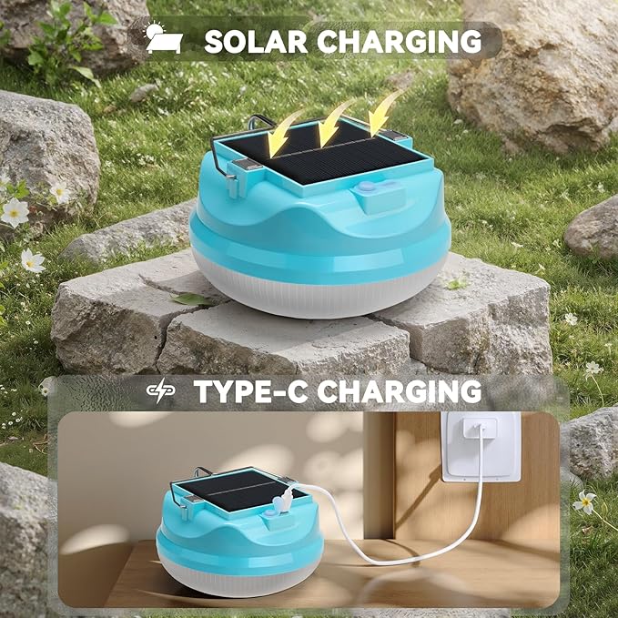 Solar Camping Light, 4800mAh Emergency Camping Light, Portable Indoor/Outdoor Waterproof Super Bright Housing, Built-in Power Bank for Phone Charging Waterproof LED Solar Bulb with Hanging Hook