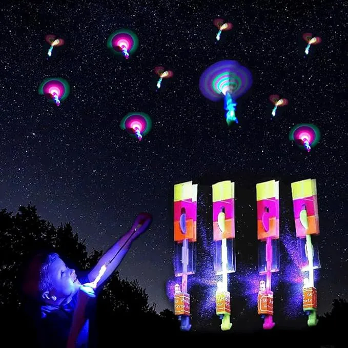 4 Sets LED Flying Toy Set, 4 Slingshot+4 Glow Helicopter-8 Pcs, Kids Outdoor Flying Toys, Glow in the Dark Party Supplies Party Favors, Children Toys for Kids 4-8 & 8-12 Years Old
