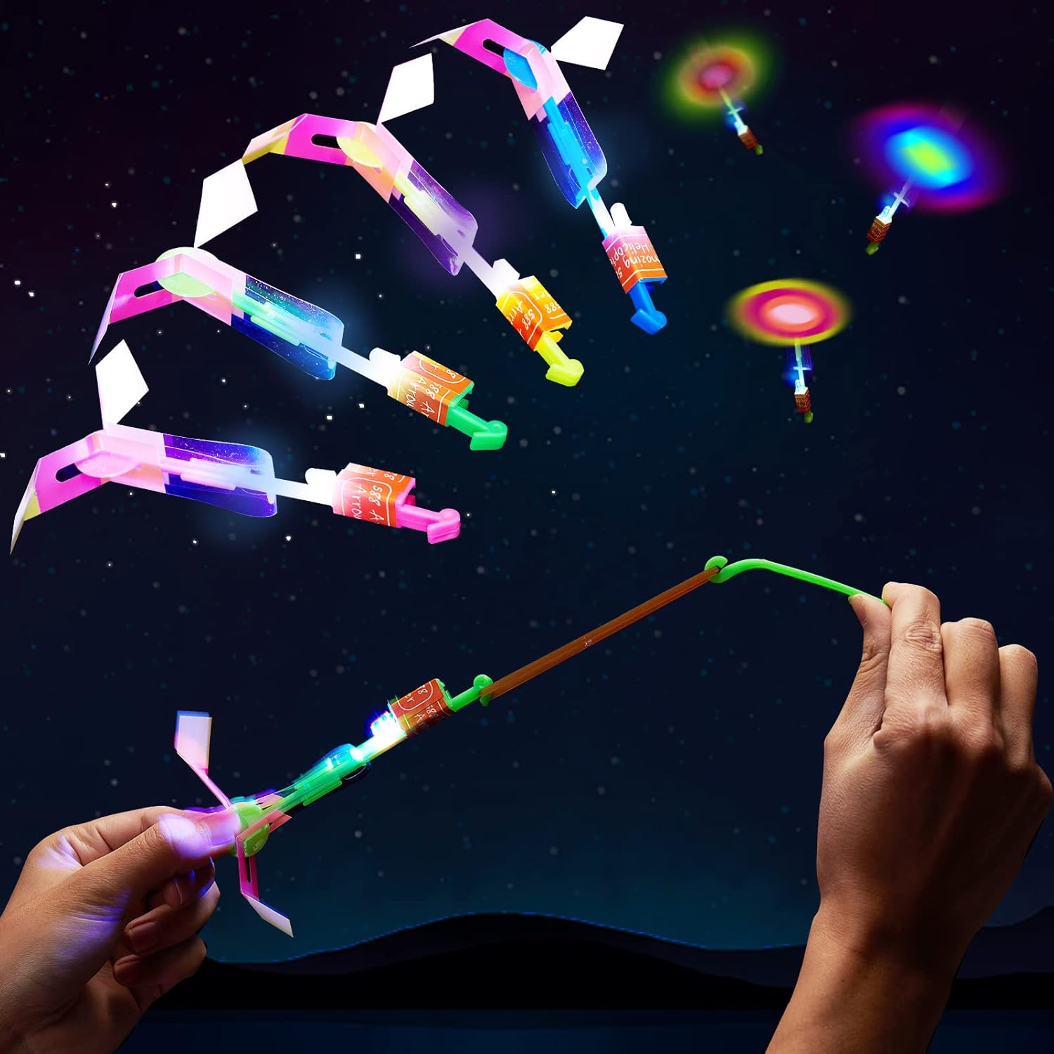4 Sets LED Flying Toy Set, 4 Slingshot+4 Glow Helicopter-8 Pcs, Kids Outdoor Flying Toys, Glow in the Dark Party Supplies Party Favors, Children Toys for Kids 4-8 & 8-12 Years Old