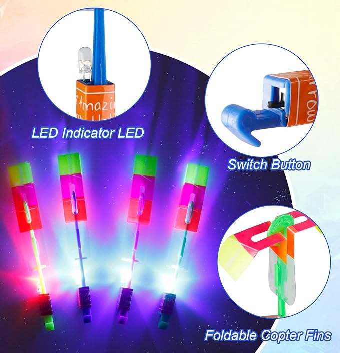 4 Sets LED Flying Toy Set, 4 Slingshot+4 Glow Helicopter-8 Pcs, Kids Outdoor Flying Toys, Glow in the Dark Party Supplies Party Favors, Children Toys for Kids 4-8 & 8-12 Years Old