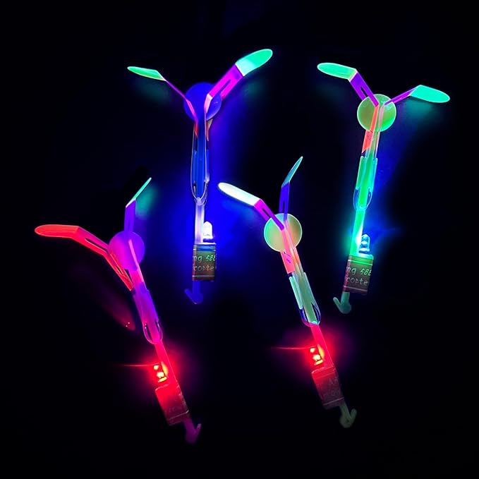 4 Sets LED Flying Toy Set, 4 Slingshot+4 Glow Helicopter-8 Pcs, Kids Outdoor Flying Toys, Glow in the Dark Party Supplies Party Favors, Children Toys for Kids 4-8 & 8-12 Years Old