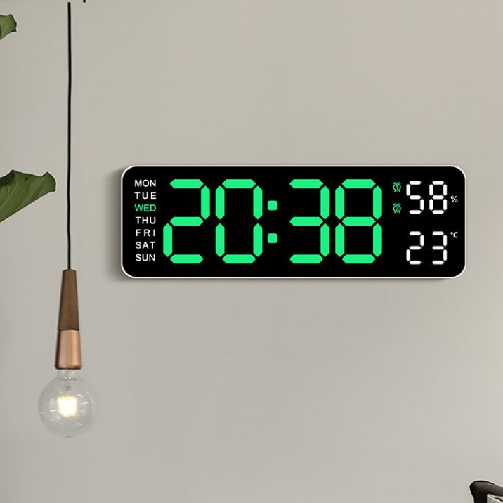 9 Inch Large Electronic LED Digital Wall Clock, USB Powered LED Alarm Clock with Temp Humidity Big Digits, Auto Day Night Dimmer DST Daylight Saving Time, 12/24H, Wall & Desk Mountable Clock