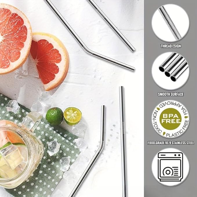 5pcs Reusable 304 Stainless Steel Drinking Straws Metal Straw Set Straight and Bent Straws with Cleaning Brush Eco Friendly Food Grade Replacement for Plastic Straws for Home Bar and Party