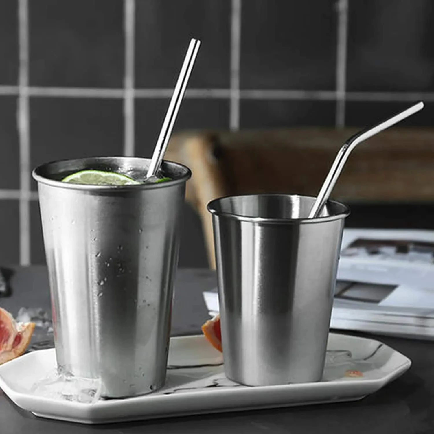 5pcs Reusable 304 Stainless Steel Drinking Straws Metal Straw Set Straight and Bent Straws with Cleaning Brush Eco Friendly Food Grade Replacement for Plastic Straws for Home Bar and Party