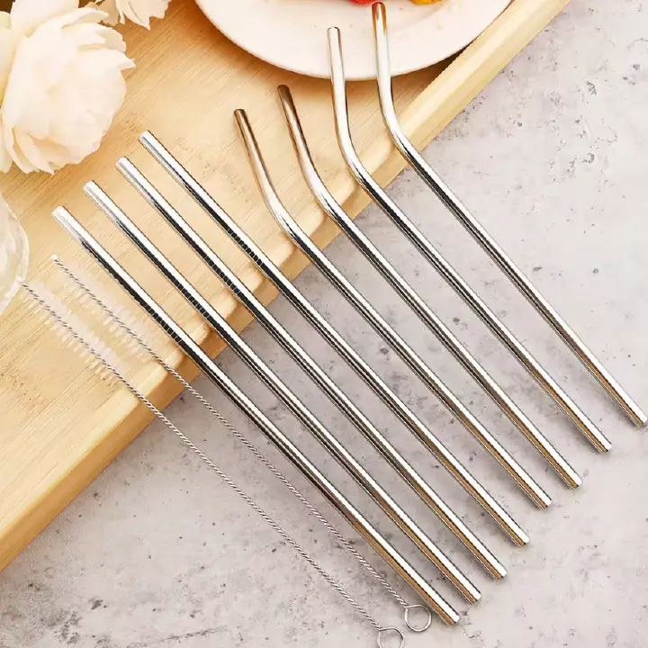 5pcs Reusable 304 Stainless Steel Drinking Straws Metal Straw Set Straight and Bent Straws with Cleaning Brush Eco Friendly Food Grade Replacement for Plastic Straws for Home Bar and Party