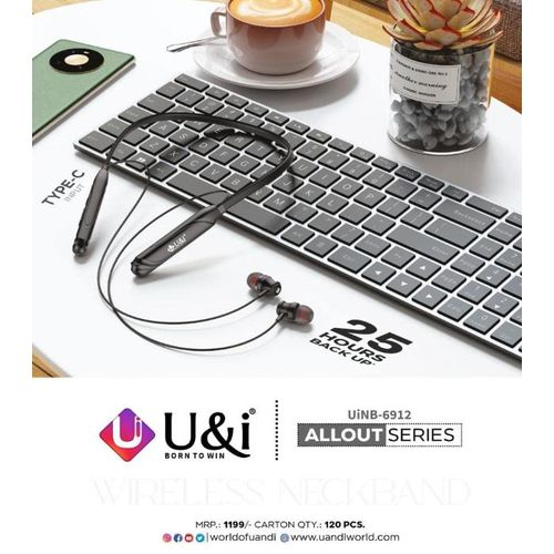 U&I Black Wireless Bluetooth Neckband 25 Hours Playtime with in-built microphone | UandI Wireless Headphones Wireless Earphones U and I