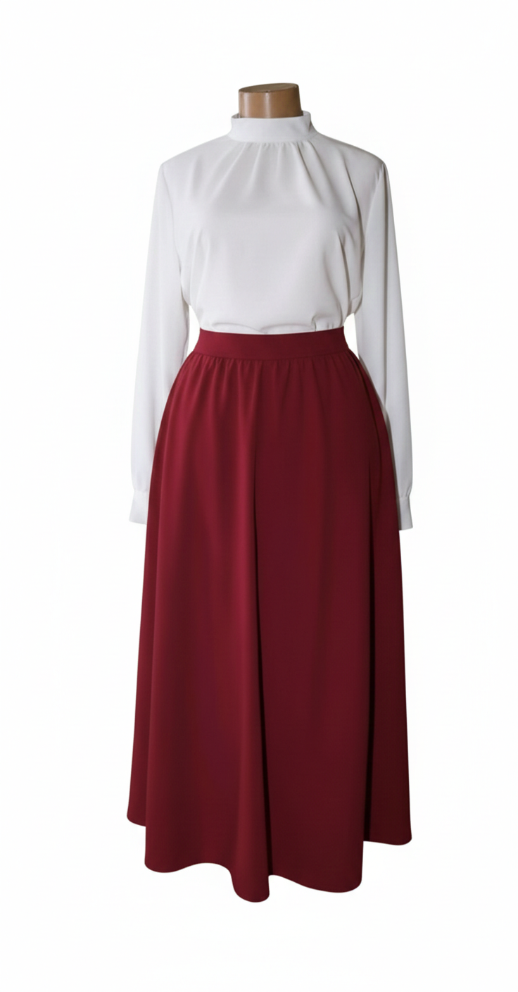 Jessy Royal Garments - Elegant High-Waist Maroon Maxi Skirt & White Mock-Neck Blouse Set - 2 Piece Office & Formal Wear