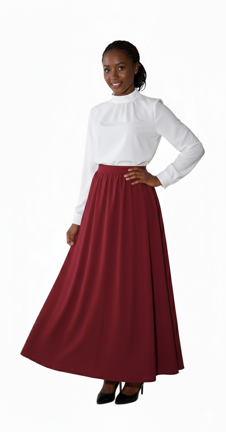 Jessy Royal Garments - Elegant High-Waist Maroon Maxi Skirt & White Mock-Neck Blouse Set - 2 Piece Office & Formal Wear