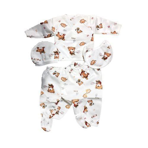 5-in-1 Newborn Baby Clothing Set – Soft Cotton Outfit with Hat, Bib, long-sleeved top & 2 Pants | Cute Bear Print Unisex Set for Infants (0–6 Months)