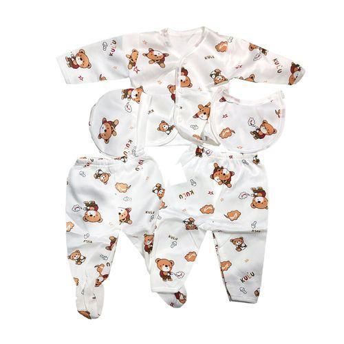 5-in-1 Newborn Baby Clothing Set – Soft Cotton Outfit with Hat, Bib, long-sleeved top & 2 Pants | Cute Bear Print Unisex Set for Infants (0–6 Months)